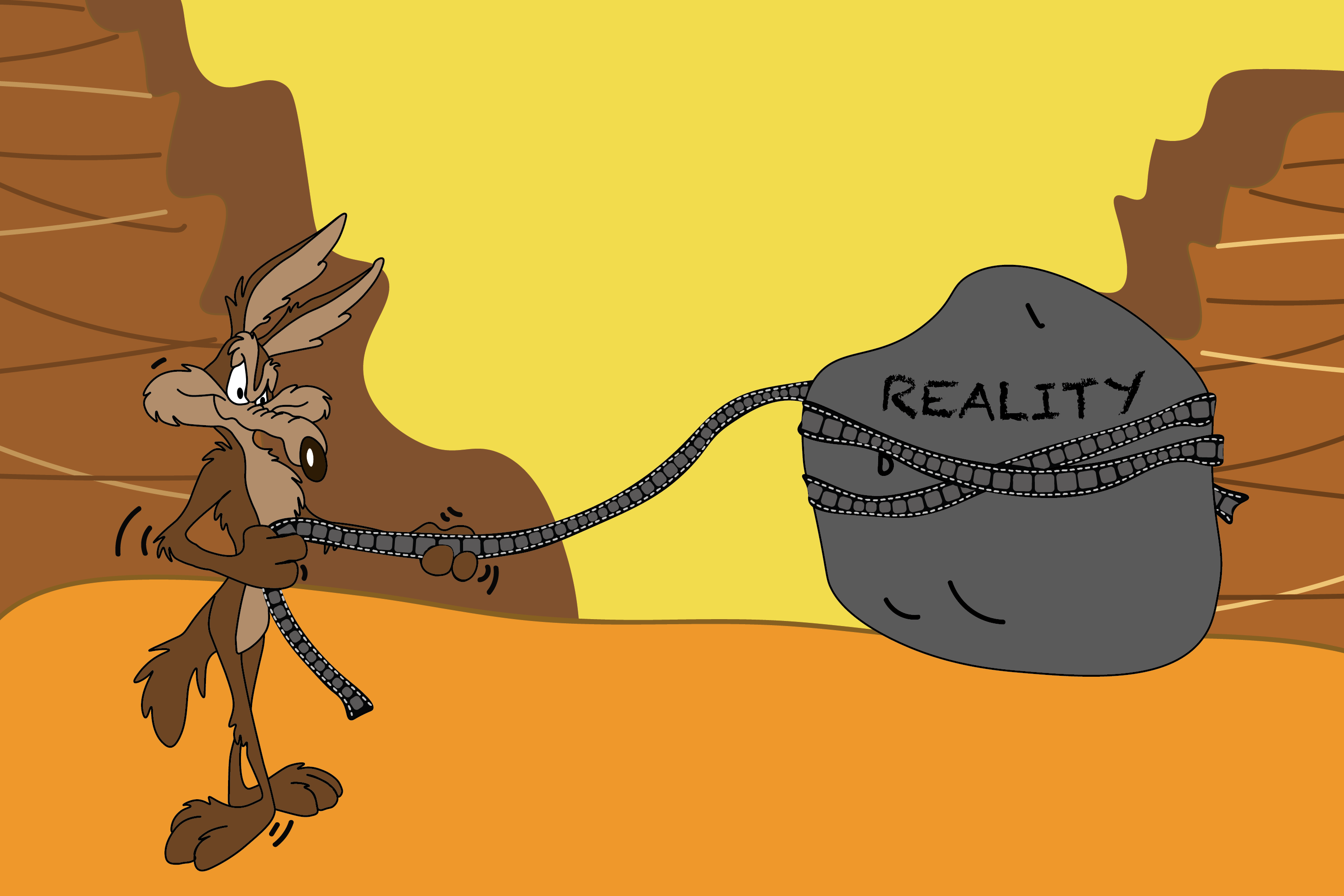 a cartoon of a rabbit pulling a rock with a chain that has the word reality on it